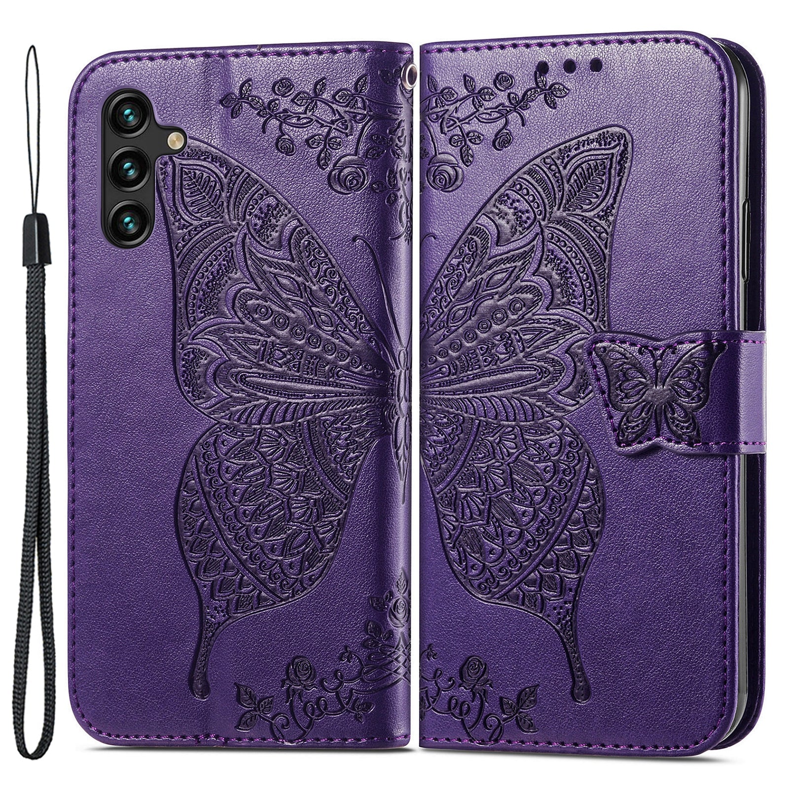 Til Samsung Galaxy A14 5G A14 4G Anti-fald præget sommerfuglemønster telefonetui PU læder TPU telefon Flip Wallet Cover Stand med rem Til Samsung Galaxy A14 5G A14 4G Anti-fald præget sommerfuglemønster telefonetui PU læder TPU telefon Flip Wallet Cover Stand med rem
